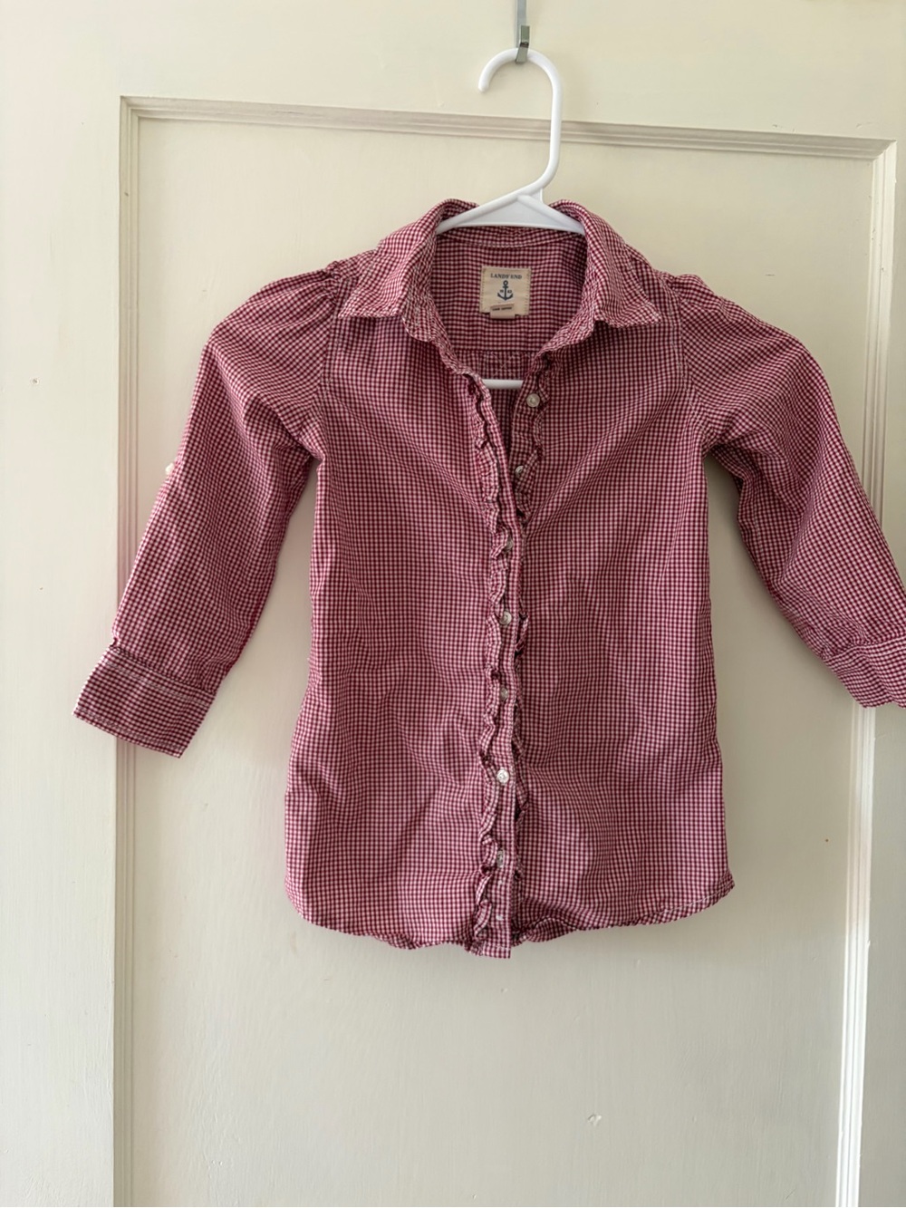 Lands' End Red Gingham Ruffle Button-Down Shirt